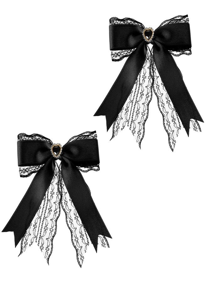 BOHUIZ 2 Pcs Black Lace Hair Bow Clips for Women, Cute Lace Bows for Hair with Tail Ribbon for Wedding Halloween Gothic Dress Decor Accessories Gift - Image 1